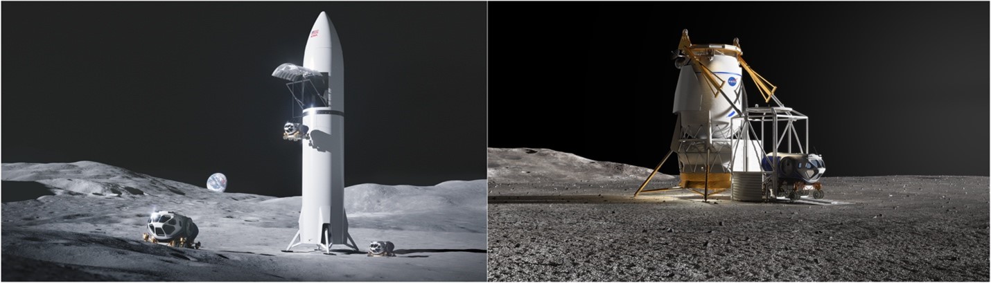 Two artists' concepts of human lunar landing systems on the Moon are shown: SpaceX on the left, which is white, tall, and thinner, with a pointed top, and Blue Origin on the right.