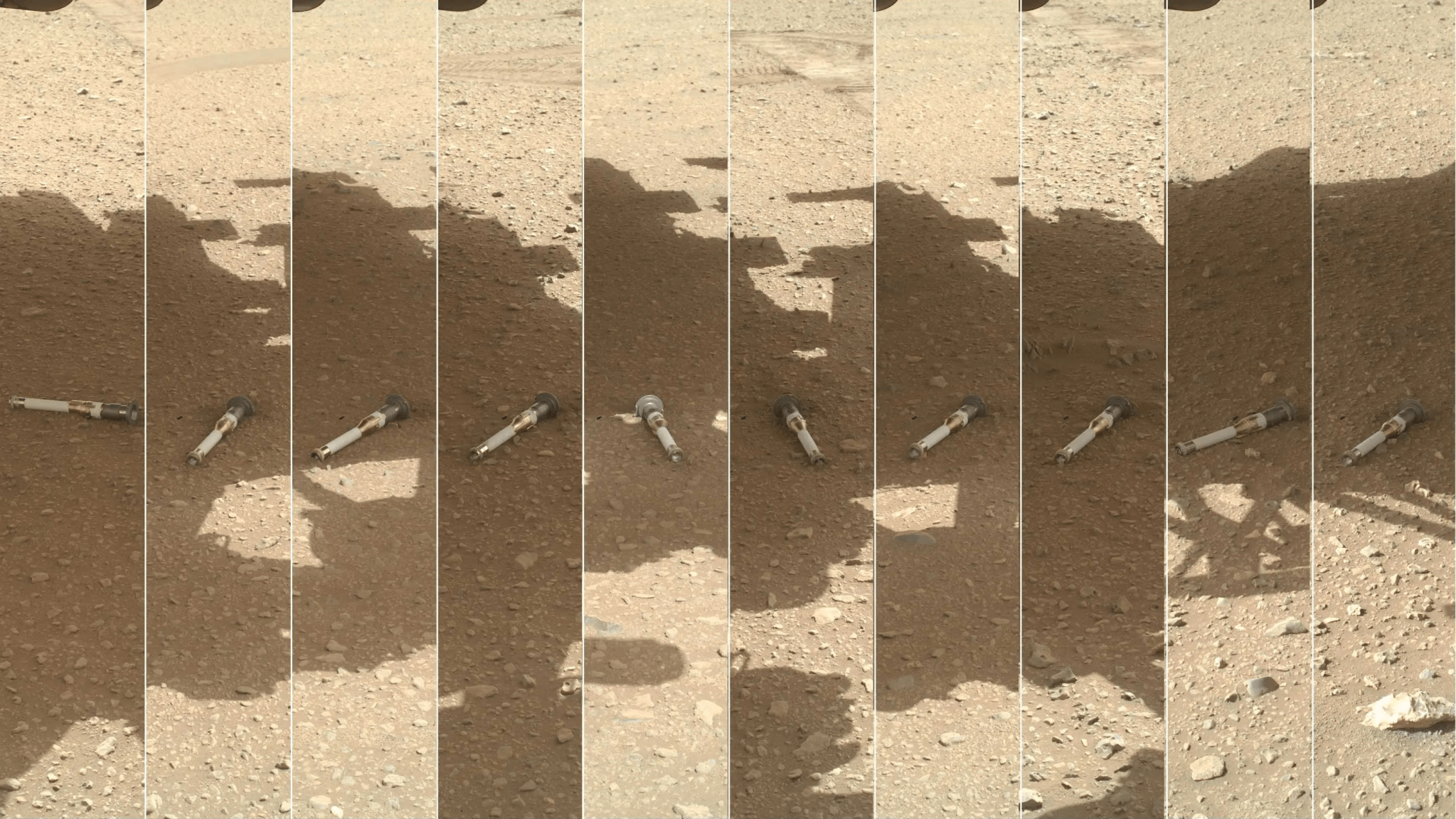 This photomontage shows each of the sample tubes shortly after they were deposited onto the surface by NASA’s Perseverance Mars rover, as viewed by the WATSON (Wide Angle Topographic Sensor for Operations and eNgineering) camera on the end of the rover’s 7-foot-long (2-meter-long) robotic arm. Shown, from left, are “Malay,” “Mageik,” “Crosswind Lake,” “Roubion,” “Coulettes,” “Montdenier,” “Bearwallow,” “Skyland,” “Atsah,” and “Amalik.” Deposited from Dec. 21, 2022, to Jan. 28, 2023, these samples make up the sample depot Perseverance built at “Three Forks,” a location within Mars’ Jezero Crater.