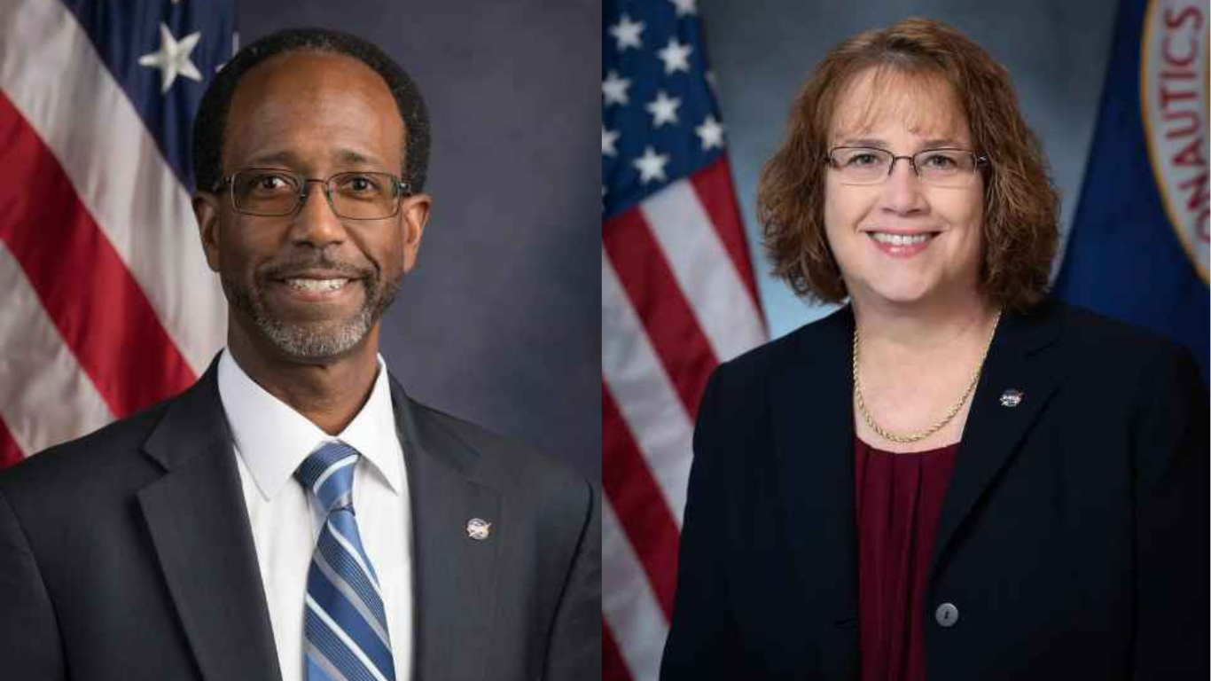 Two portrait images side by side. On the left is Clayton P. Turner, director of NASA Langley Research Center. On the right is Dawn Schaible, deputy director of NASA Glenn Research Center .