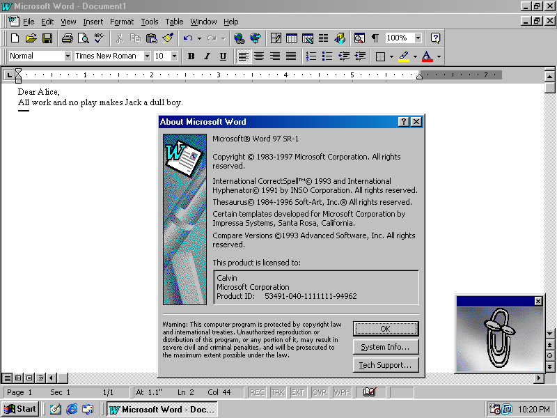 Screenshot of MS Office 97 with it's nitty gritty dark button spirit