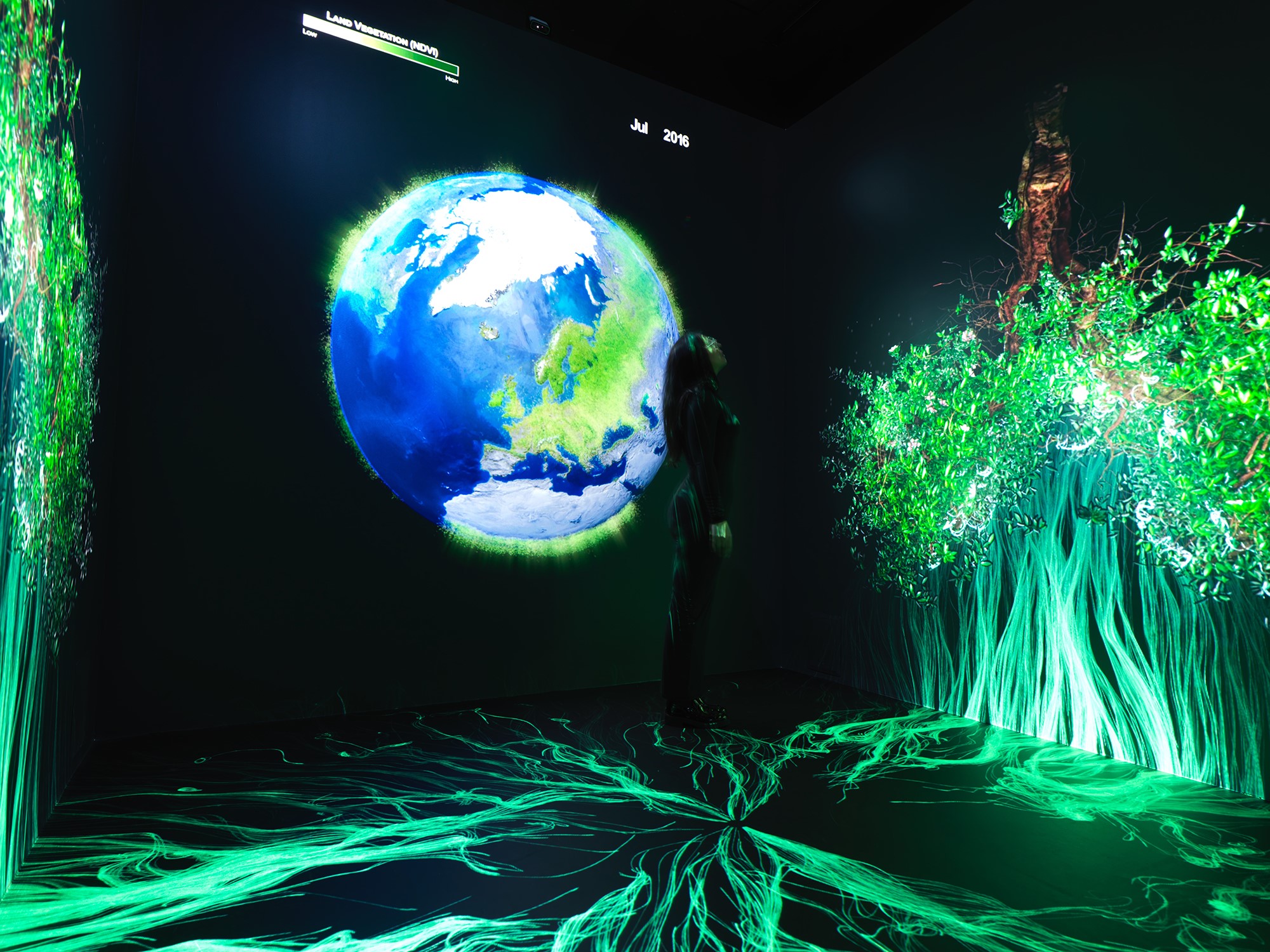 A person stands in a dark room surrounded by images of green leaves and a large depiction of the Earth.