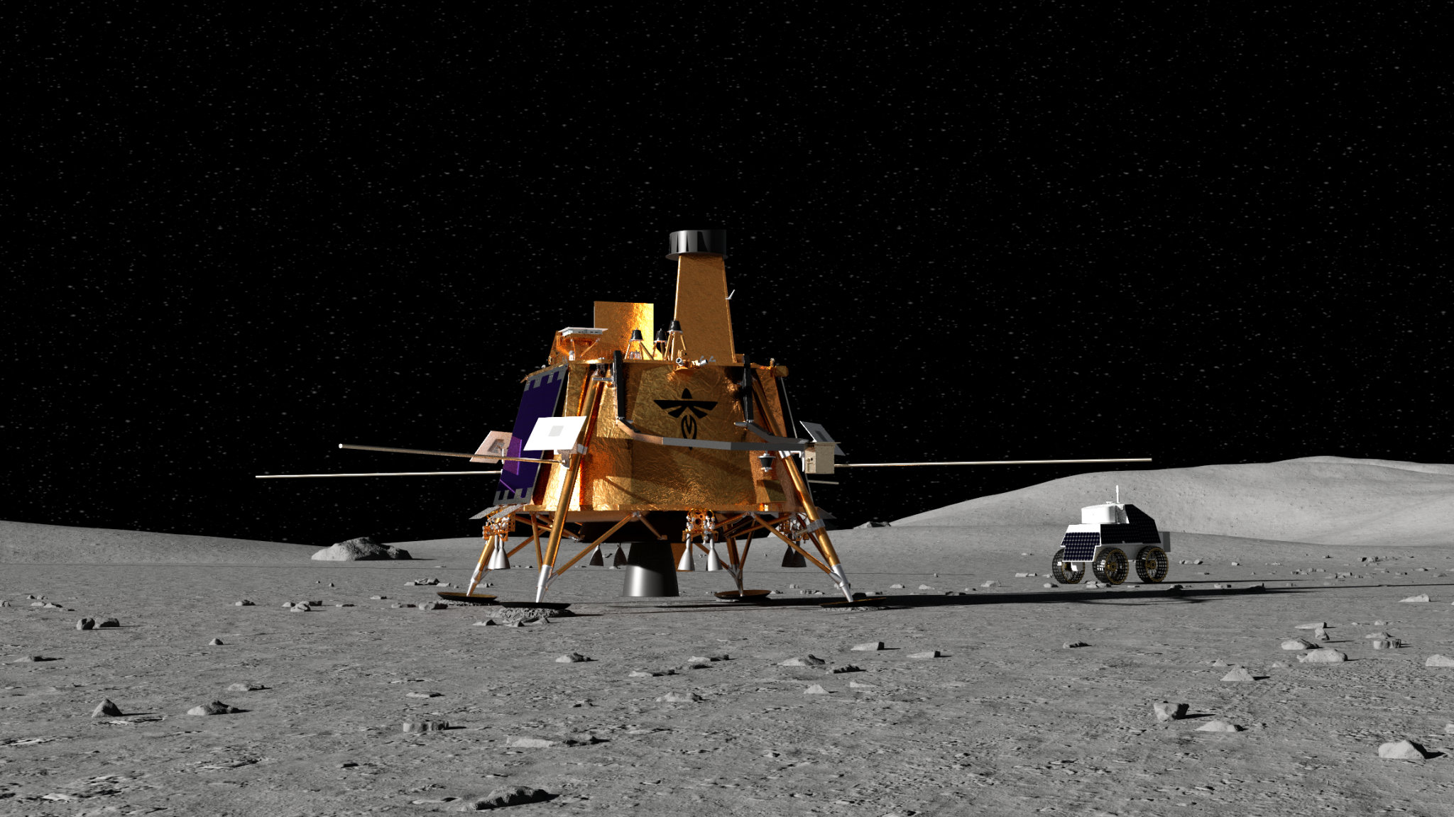 A rendering of Firefly’s Blue Ghost lunar lander and a rover developed for the company’s third mission to the Moon as part of NASA’s CLPS (Commercial Lunar Payload Services) initiative.