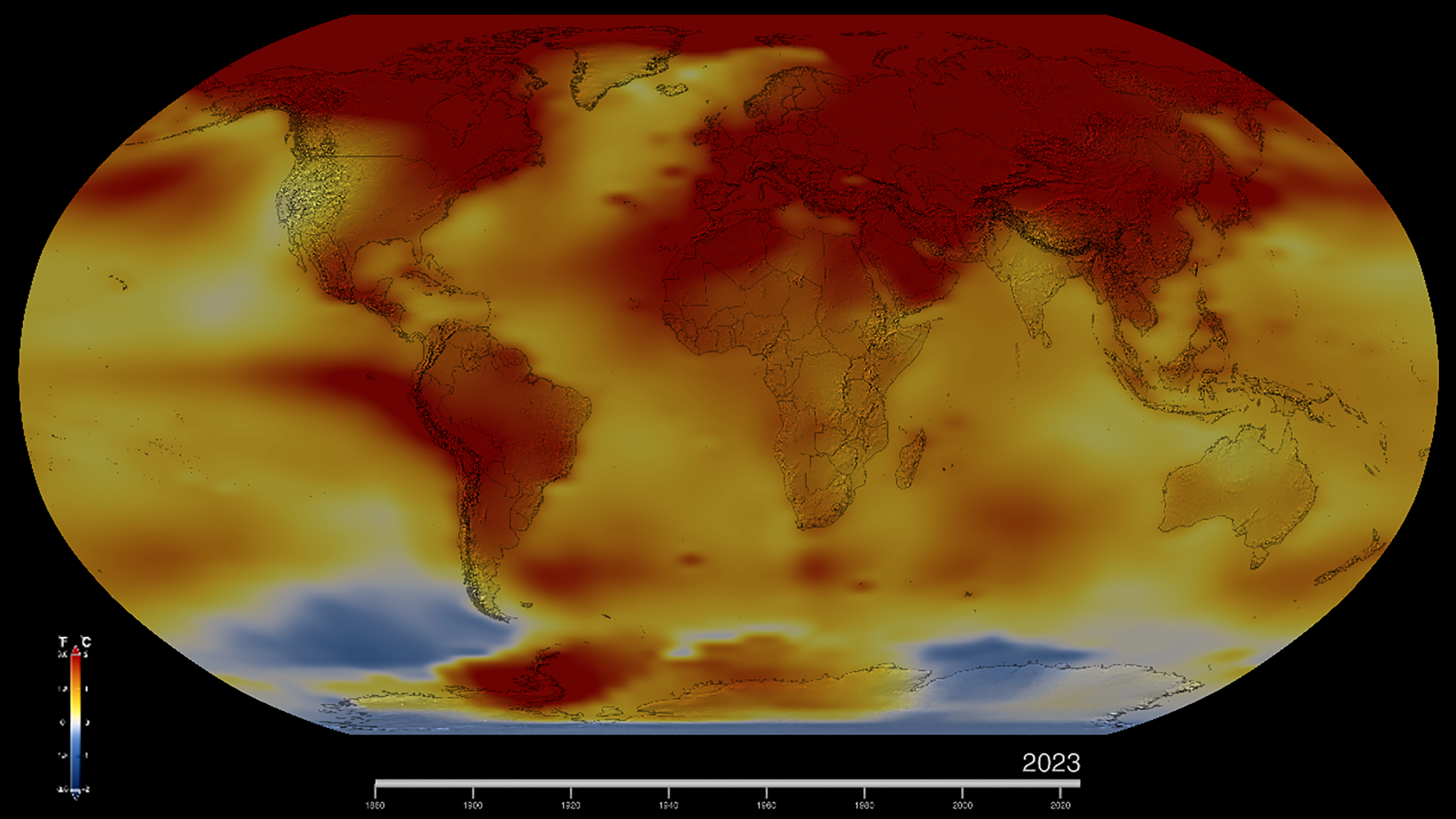 Data visualization of global temperature anomalies progressing from 1880 to 2023 mapped onto Earth. The map uses color to represent anomalies, ranging from blue for below average temperatures, white for temperatures at baseline, and yellows ranging through oranges and reds to represent higher and higher than average temperatures. At the beginning of the time series, the map is primarily blues and whites, with a few spots of yellow, indicating that temperatures overall are below the baseline. As time progresses, the colors shift and move, with less and less blue and white and more and more yellow, then orange, and red. By 2023, the map is mostly yellow with lots of orange and red. The Arctic region, Europe, Asia, North America, central South America, and the Antarctic peninsula are all dark red, indicating the highest temperature anomalies.