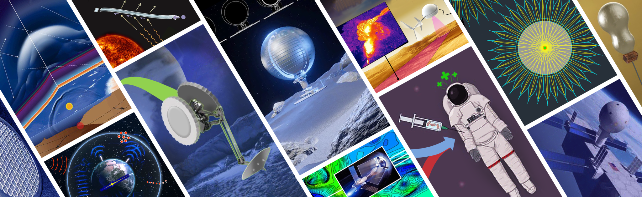 A collage of artist concepts highlighting the novel approaches proposed by the 2025 NIAC awardees for possible future missions.