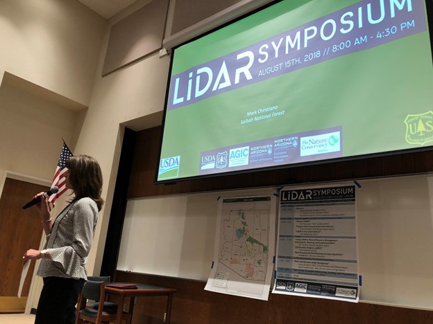 Title: Welcome remarks - Description: Kaibab National Forest Supervisor Heather Provencio provides welcome remarks at the first-ever Arizona LiDAR symposium. Photo by Mark Christiano. Credit Kaibab National Forest.