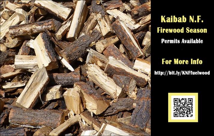 Title: Firewood photo - Description: Photo of large pile of firewood with Kaibab National Forest contact information included.
