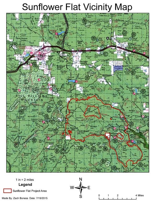 Title: Map of Sunflower Project - Description: This map shows the entire 15,195-acre Sunflower Project. Tomorrow, fire managers plan to burn only 320 acres in the northeast corner of the larger project area just south of Forest Road 139 and east of Hyde Hill.