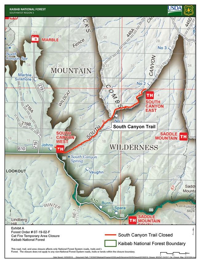Title: South Canyon Trail Closure Map - Description: Map showing the location of the South Canyon Trail closure on the North Kaibab Ranger District.