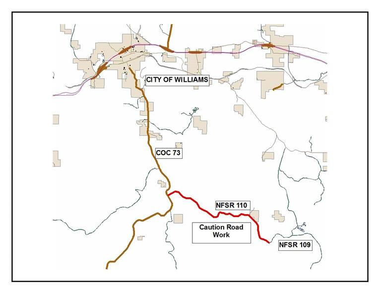 Title: Forest Road 110 maintenance - Description: Map showing location of Forest Road 110 maintenance project on Williams Ranger District.