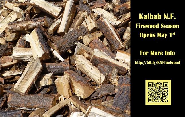 Title: Firewood Pile - Description: A pile of cut firewood and an annoucement that the 2019 Kaibab National Forest firewood season opens on May 1.