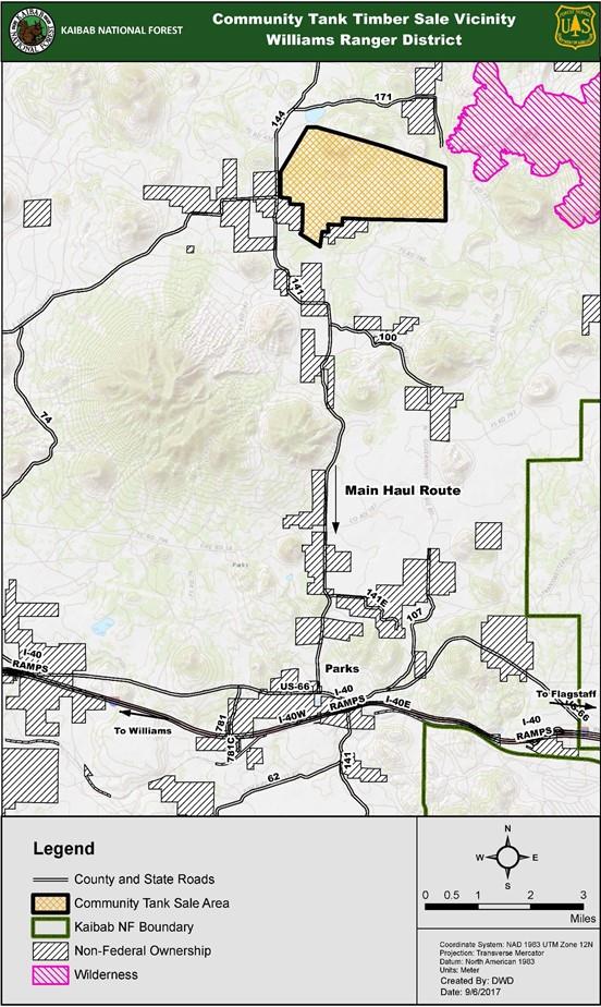 Title: Community Tank Timber Sale Vicinity Map - Description: A map showing the location of the Community Tank Timber Sale on the Williams Ranger District of the Kaibab National Forest.