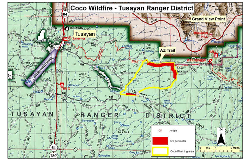 Title: Coco Fire Vicinity Map - Description: On July 22, the Coco Fire ignited due to lightning 6 miles southeast of Tusayan near the junction of Forest Road 302 and 2719.